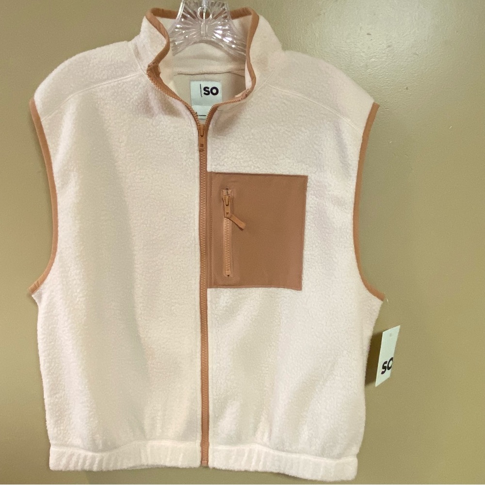 SO Goods For Life White/Tan Sleeveless Full Zip Turtle Neck Vest Women's Size M